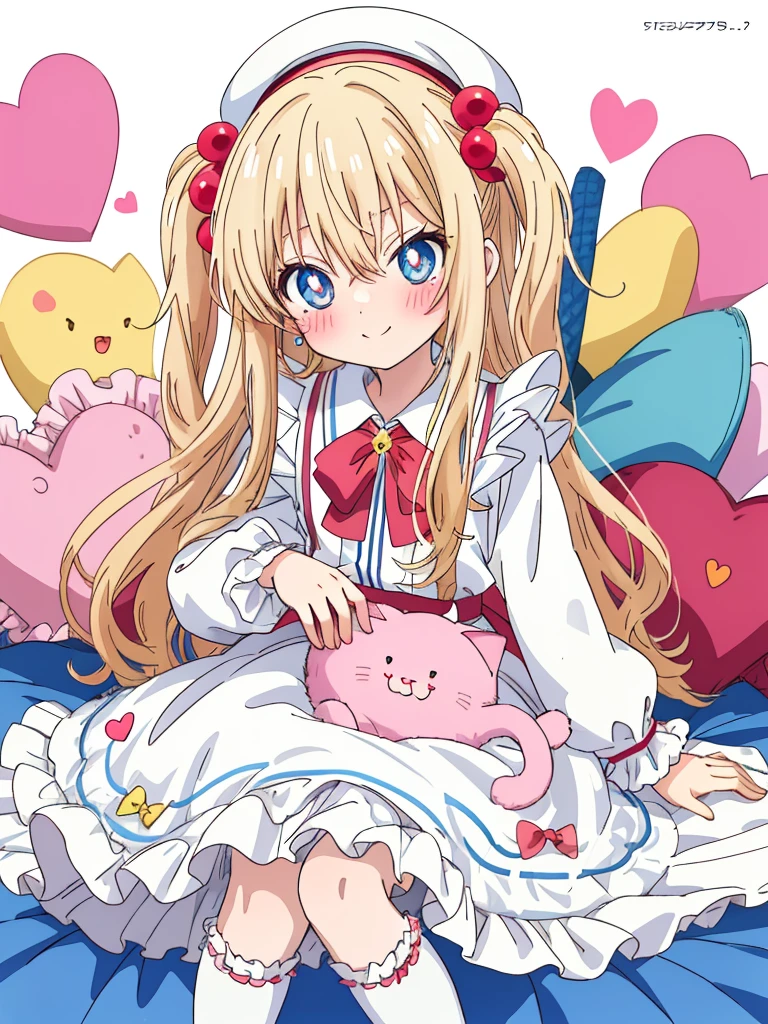 flat color, partially colored, limited palette, (Anime:1.8), Megami Magazine, (masterpiece, best quality:1.4), detailed skin, detailed face, Alice (Alice in Wonderland), cute face,
1 girl, , 10-yo, sweet, , baby face, sitting on the floor grasping one's knees, sitting on a frilled cushion, length hair, (two side up), hair bobbles, cute smile, Glowing light blonde-yellow with hair and pupils, red blush, the bow hair, Hair Between Eyes, white frilled shirt, Puffy Sleeves, long-sleeves, light blue frilled Apron Dress, sky blue  hem dress, (White petticoat:1.8), striped knee-highs, mary janes, holding a kitten, (light blue beret, Comes with a Pink bow), ((brooch)), red bolo tie,
overexposure, colorful, simple background, cat footprints mark, hearts,