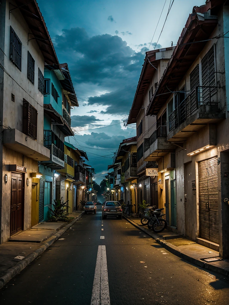 Street in Philippines, neighborhood, peaceful, dramatic lighting