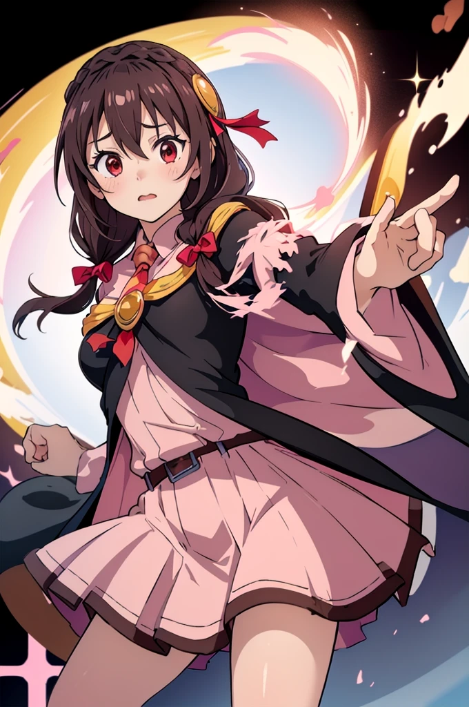 (masterpiece, Highest quality), One girl,    Whirling,Long Hair,Braiding,Twin tails,Hair between the eyes,Hair Ribbon,hair ornaments,Large Breasts,(Cape:1.2),tie,shirt,pink shirt,Long sleeve,belt,Pink Skirt,pantyhose,loafers,Brown footwear