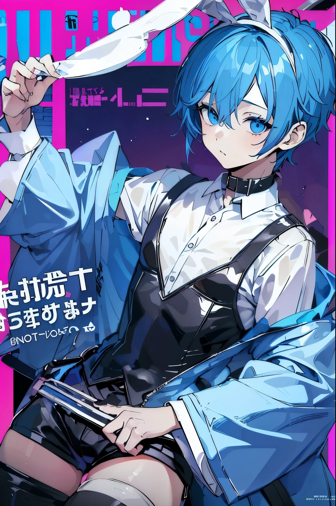 ((1boy)), hair ornament, blue hair, rabbit ears, playboy bunny, (Boy Messy Japanese Round Haircut for Thick Hair), bangs, leotard, blue eyes, detached collar, pink background, simple background, (solo)), (magazine:1.3), (cover-style:1.3), fashionable, (masterpiece, best quality, high quality, highres, ultra-detailed)