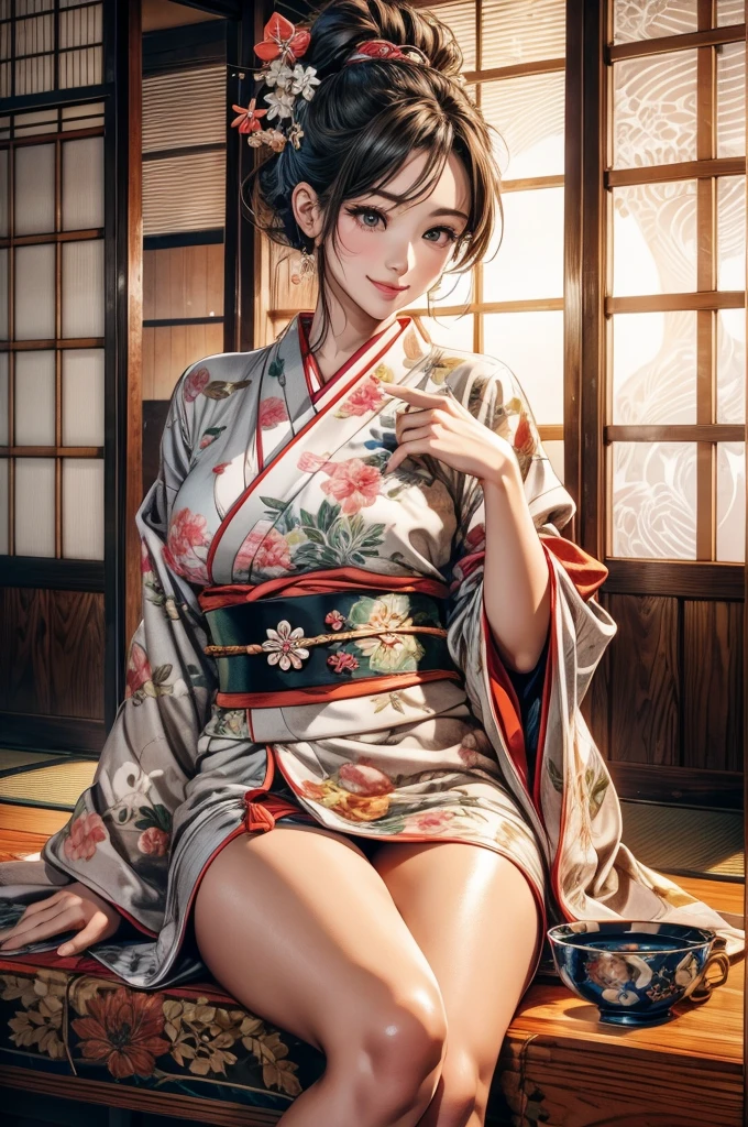 Have a look at this、Narrow Japanese-style room、Wooden plank wall、sit on tatami、Shiny kimono、Beautiful 30 year old woman、The wall is close、足を折り曲げてsit on tatami、Smiling Kindly、There is a teacup on the table.、There is a Japanese sword、The thighs are exposed、Cute、smile、There is a teacup on the table.、There is nothing in the teacup.、The bowl is empty、The teacup is brown、The tea bowl is made of pottery.、The teacup is brownの陶器