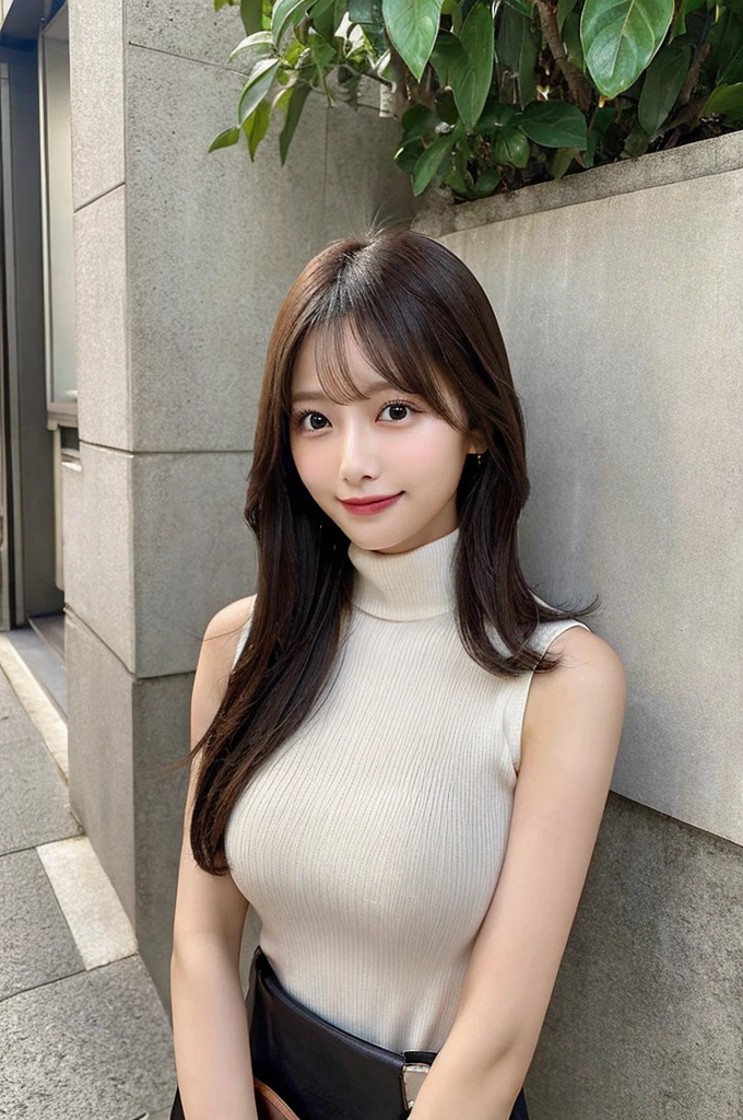 ((paisura))、Big Tits、crossbody, strap between breasts、double eyelid、big 、Highest quality, shape, Very detailed, Fine details, High resolution, 8k, Perfect dynamic composition, Beautiful details, ,Natural color lip, A shy smile,Beautiful 20 year old woman、The only person, Correct posture、Cute type、Looking into the camera、Turtleneck Sleeveless、Paisura、Shoulder bag、Hold the strap of your bag between your chest