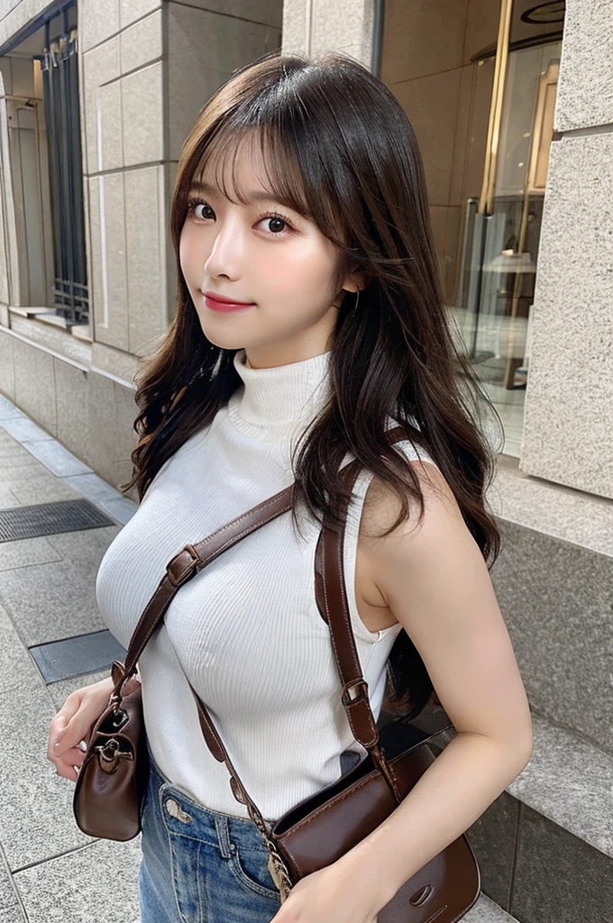 ((paisura))、Big Tits、crossbody, strap between breasts、double eyelid、big 、Highest quality, shape, Very detailed, Fine details, High resolution, 8k, Perfect dynamic composition, Beautiful details, ,Natural color lip, A shy smile,Beautiful 20 year old woman、The only person, Correct posture、Cute type、Looking into the camera、Turtleneck Sleeveless、Paisura、Shoulder bag、Hold the strap of your bag between your chest