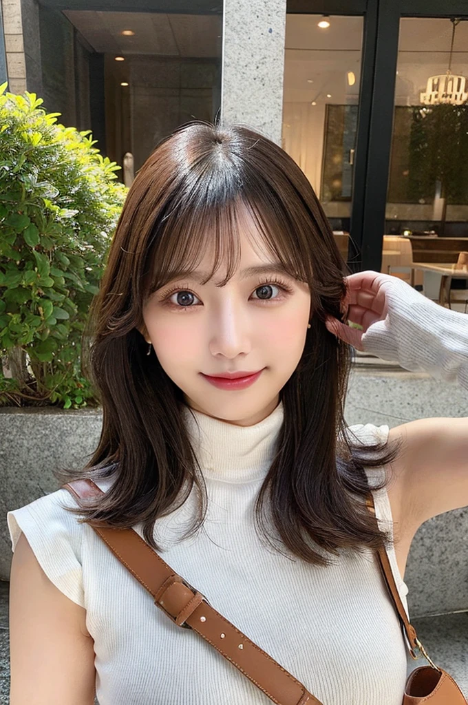((paisura))、Big Tits、crossbody, strap between breasts、double eyelid、big 、Highest quality, shape, Very detailed, Fine details, High resolution, 8k, Perfect dynamic composition, Beautiful details, ,Natural color lip, A shy smile,Beautiful 20 year old woman、The only person, Correct posture、Cute type、Looking into the camera、Turtleneck Sleeveless、Paisura、Shoulder bag、Hold the strap of your bag between your chest