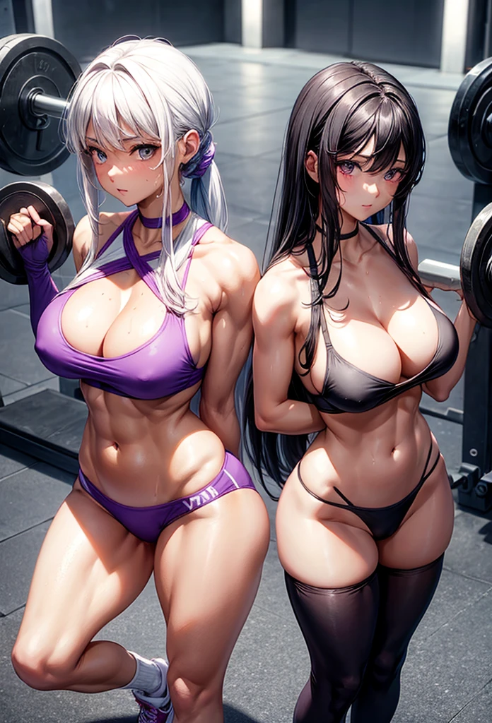 beautiful girl、Big Breasts、Black Hair、Long Straight、Great style、Nice body、Abdominal muscleuscular、Training Gym、Sports Bra、Light purple bra top、Cleavage、Light purple bikini pants、Beautiful buttocks、Toned Legs、Are standing、The whole body is visible、Sweaty skin、White training socks、shoes、Lifting a heavy barbell overhead with both hands