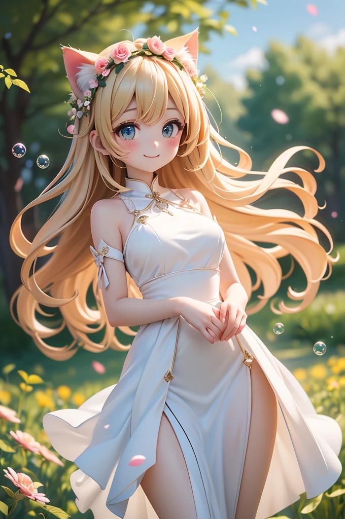 (Highest quality))、((masterpiece))、(detailed)、((soro girl)),masterpiece,best quality, high quality,ulutra detailed,Perfect Face、Daytime、Flower field background、((A voluminous flower crown))、Place both hands on head、((tall、woman、20th Generation、Cat ear、Sparkling Eyes、Blonde long hair)、、((high slit dress)）、looking at viewer、good weather、smile、Many soap bubbles float、The wind is blowing、Petals fluttering、