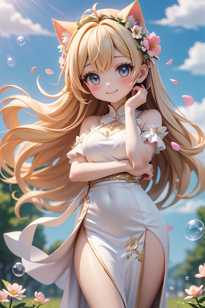(Highest quality))、((masterpiece))、(detailed)、((soro girl)),masterpiece,best quality, high quality,ulutra detailed,Perfect Face、Daytime、Flower field background、((A voluminous flower crown))、Place both hands on head、((tall、woman、20th Generation、Cat ear、Sparkling Eyes、Blonde long hair)、、((high slit dress)）、looking at viewer、good weather、smile、Many soap bubbles float、The wind is blowing、Petals fluttering、