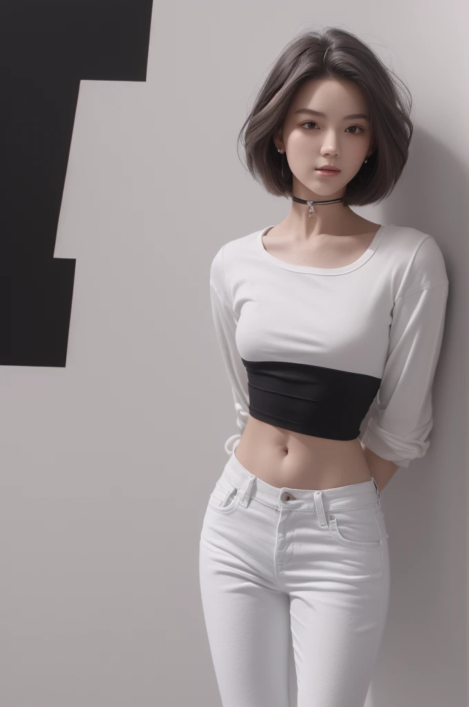 a 20yo, bob hair, wearing white tshirt and jeans jacket, smoothing tones, muted colors, high contrast, natural skin texture, hyperrealism, soft light, sharp. Standing. Closing mouth. Black choker, (White background). Good anatomy, perfect body, perfect fingers.
