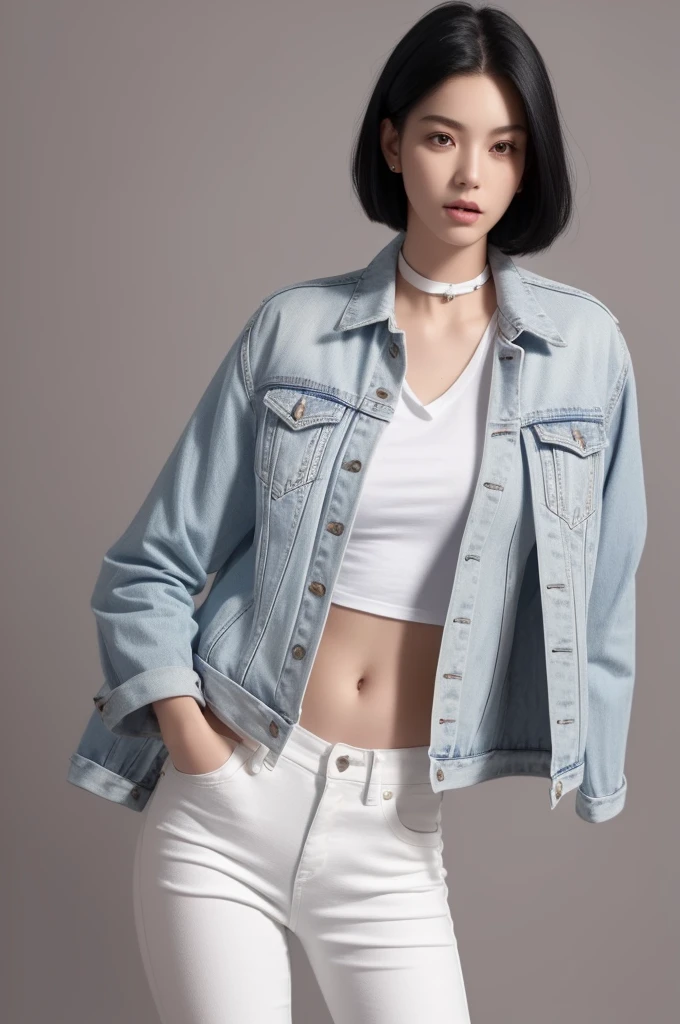 a 20yo, bob hair, wearing white tshirt and jeans jacket, smoothing tones, muted colors, high contrast, natural skin texture, hyperrealism, soft light, sharp. Standing. Closing mouth. Black choker, (White background). Good anatomy, perfect body, perfect fingers.
