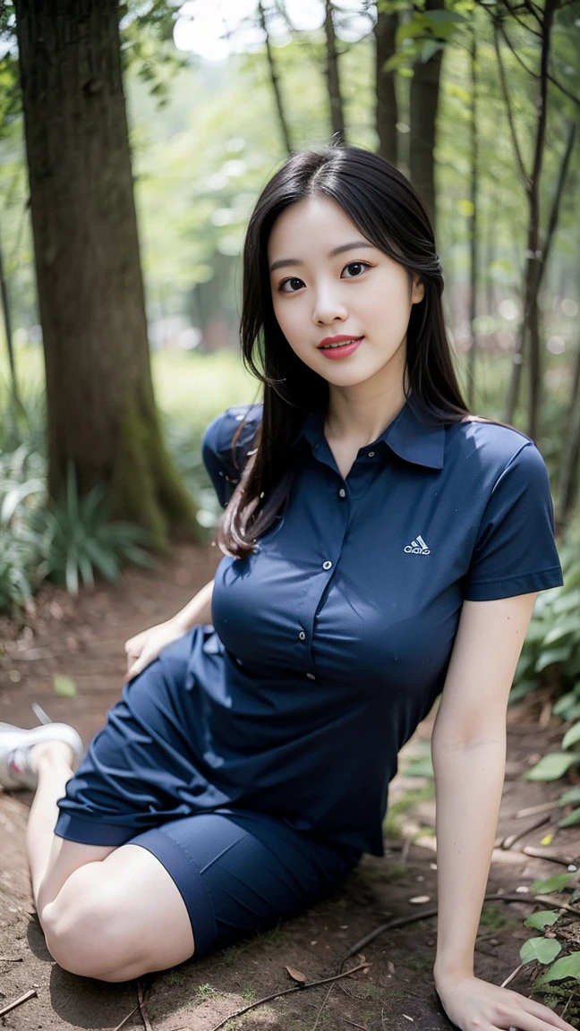 masterpiece, best quality, Surreal, Ultra Detailed, 8k resolution, RAW photos, Clear focus, (A girl in the forest), ((navy blue shirt:1.1)), Short sleeve, Long sweatpants,Breast bump，Full body posture, Solitary, Perfect body, Become a, 32 inches in the chest,(a charming smile:1), (sexy pose)，26 years old, light,White shoes