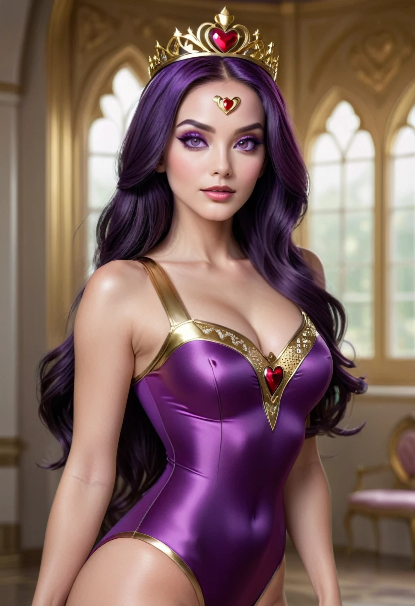 (best quality,4k,8k,highres,masterpiece:1.2),ultra-detailed,(realistic,photorealistic,photo-realistic:1.37) A sexy beautiful female supervillian who is a demigoddess , purple eyes and dark purple hair. She wears a skin tight pink sleeveless leotard, with a loincloth with a heart shaped symbol , she has gold bracelets and a small gold heart shaped tiara on her forehead high resolution portrait photography by artgerm, in the style of realism, glistening skin,natural lighting, Defined full lips. feminine body