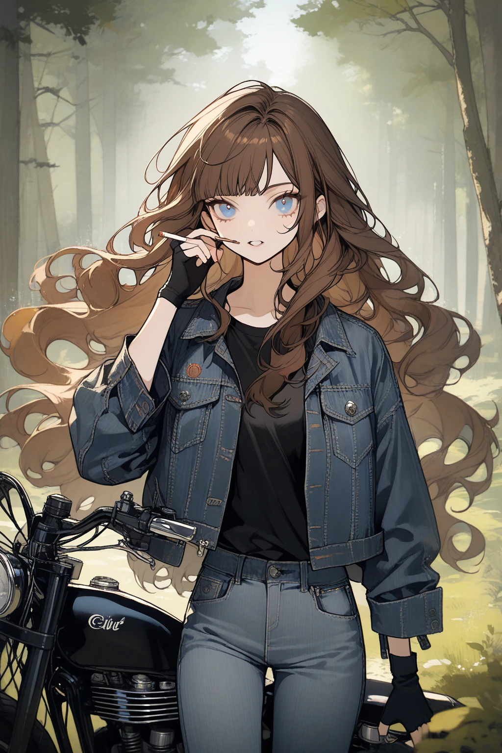 1 girl, CuteStyle, upper body, blue eyes, brown hair, long hair with bangs, flowing hair, standing in the forest, day, light, grass, trees, wind, wearing gray jeans and a black T-shirt, wearing a black denim jacket unbuttoned, black fingerless gloves, smoking, cigarette smoke, next to a black motorcycle, looks at the viewer, an evil look, an evil grin, detailed, beautiful, gentle tones