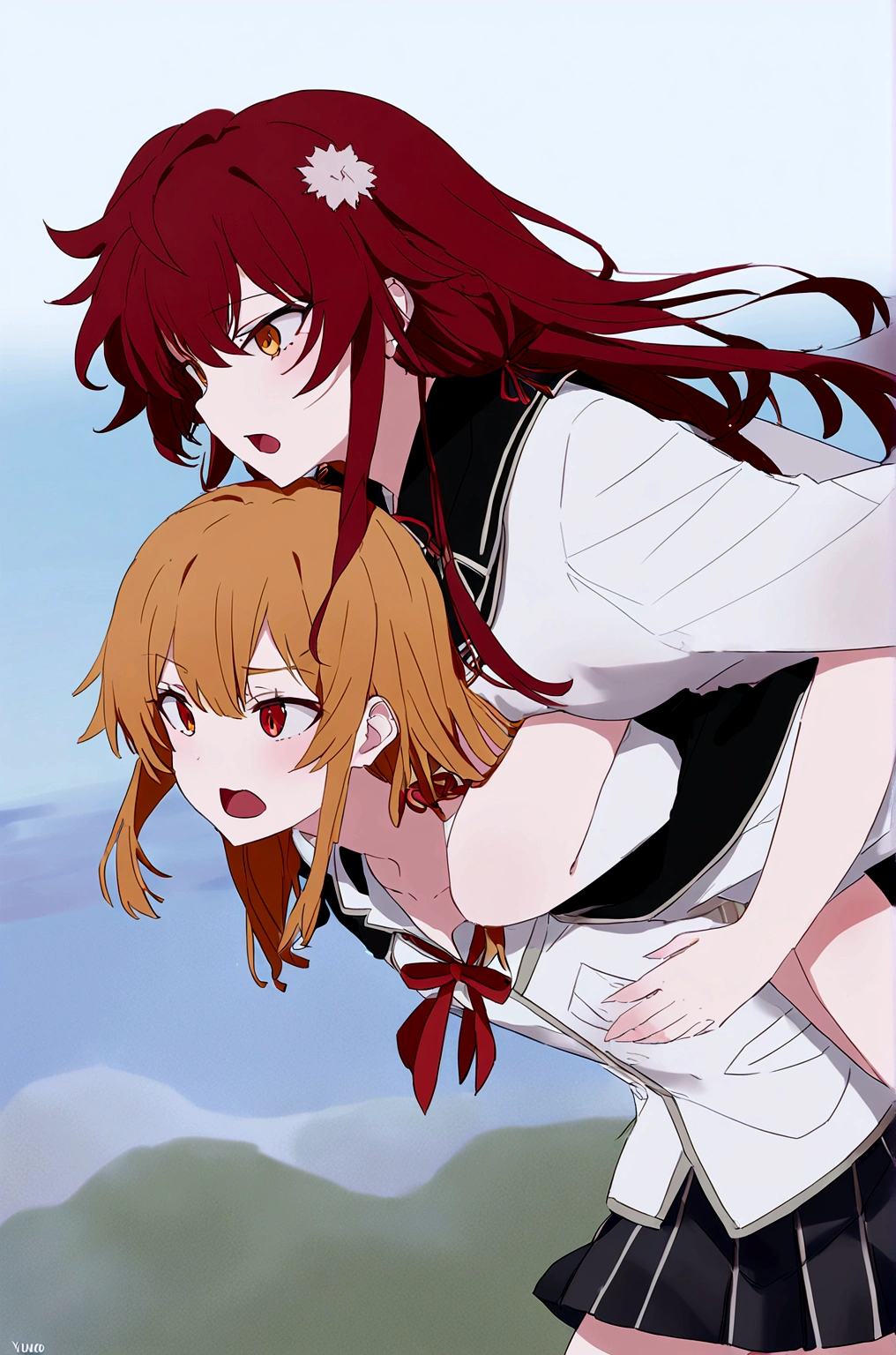 2 grils yukino Yukinoshita giving Yuigahama Yui piggyback ride, Yukinoshita Yukino takes a piggyback ride, size difference, yukino Yukinoshita, skyward sword,