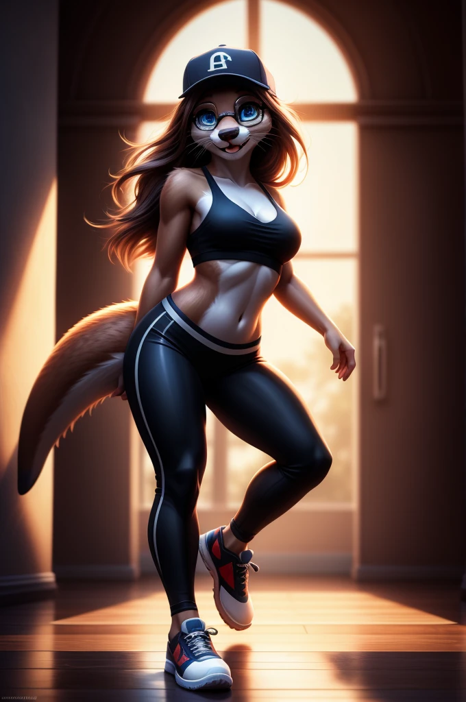 furry, otter, female, alone, dancing, has glasses, ((Beautiful detailed eyes)),((Blue eyes)), black leggings, no bra, Baseball cap, red long hair,sneakers,looks very happy, very nice light and shadow, ultra detailed fur, very detailed fur tail,very detailed face,Look at the viewer, 4k,high resolution details, very beautiful eyes,