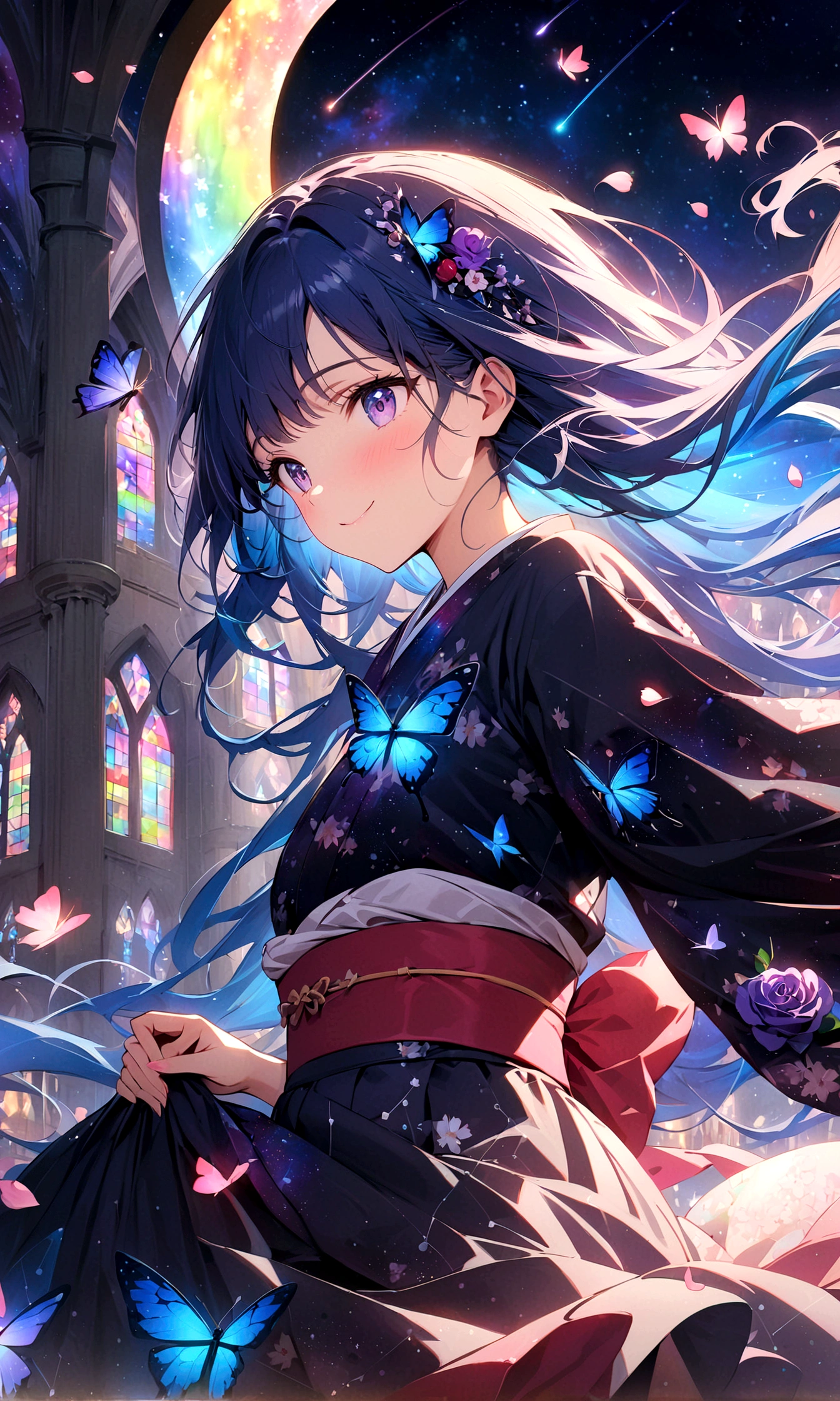 ((masterpiece:1.4)), (best quality), (ultra-detailed), anime style, 1girl, blue hair, long hair, musical note, shooting star, space, galaxy, aurora, seven-colored light, red rose, purple rose, white rose, close-up of face, butterfly, constellation, girl riding on a crescent moon, nebula, cherry blossom petals, stained glass, entire field of stained glass flowers, night cherry blossoms, kimono, blushing, blush, smile, zoom, reflection, planetarium, flowing hair, church, candelabra, dancing patterns.