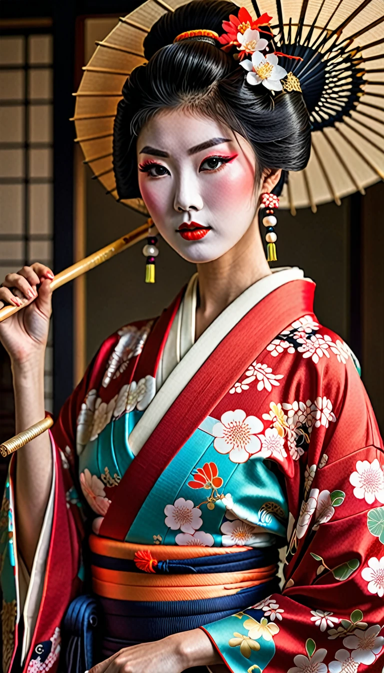 a beautiful geisha woman in traditional japanese kimono holding a staff, portrait inspired by the style of Takanobu Fujiwara, ukiyo-e, elegant and sensual geisha, detailed geisha makeup, photorealistic geisha portrait, (best quality,4k,8k,highres,masterpiece:1.2),ultra-detailed,(realistic,photorealistic,photo-realistic:1.37),vibrant colors,dramatic lighting,intricate kimono patterns,delicate facial features,piercing eyes,lush hair,graceful pose