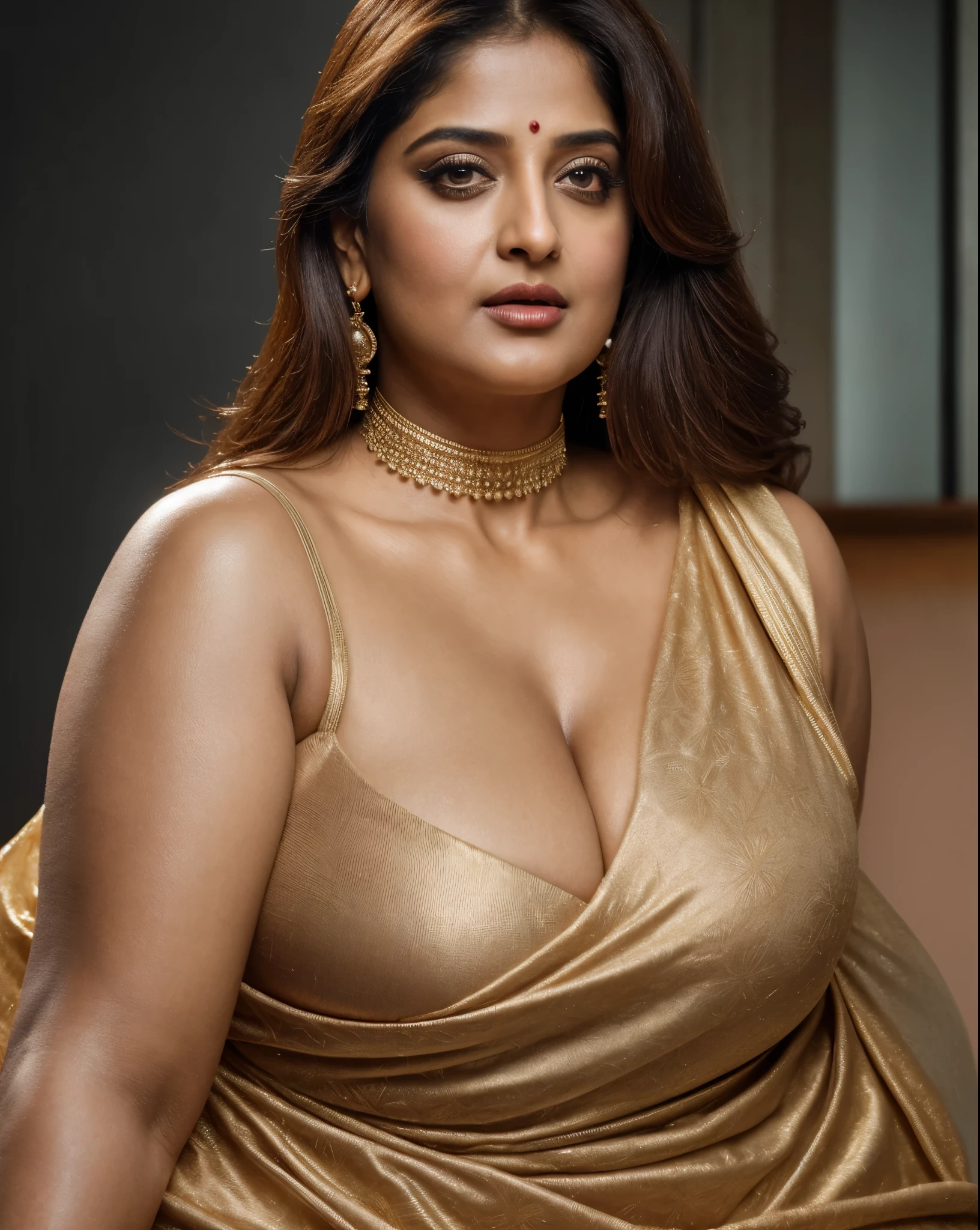 50yo mature MILF Anushka Shetty,((best quality)), ((masterpiece)), ((realistic)), eye kajal, eye liner, mascara, light red lips, curvy hot mommy figure, sensual Beauty, provoking body, extreme sweat, sweat soaked skin, slight stretch marks, alluring figure,  bulging figure, thick charming lady, curvy, thick navel, full figured woman, eye kajal, massive breast, full body, styled hair, pierced eyes, female face,royal aura, trend on artstation , sharp focus, studio photo, intricate detail, very detailed, detailed eye, illustration, very detailed, sharp focus, digital render, professional, 4k