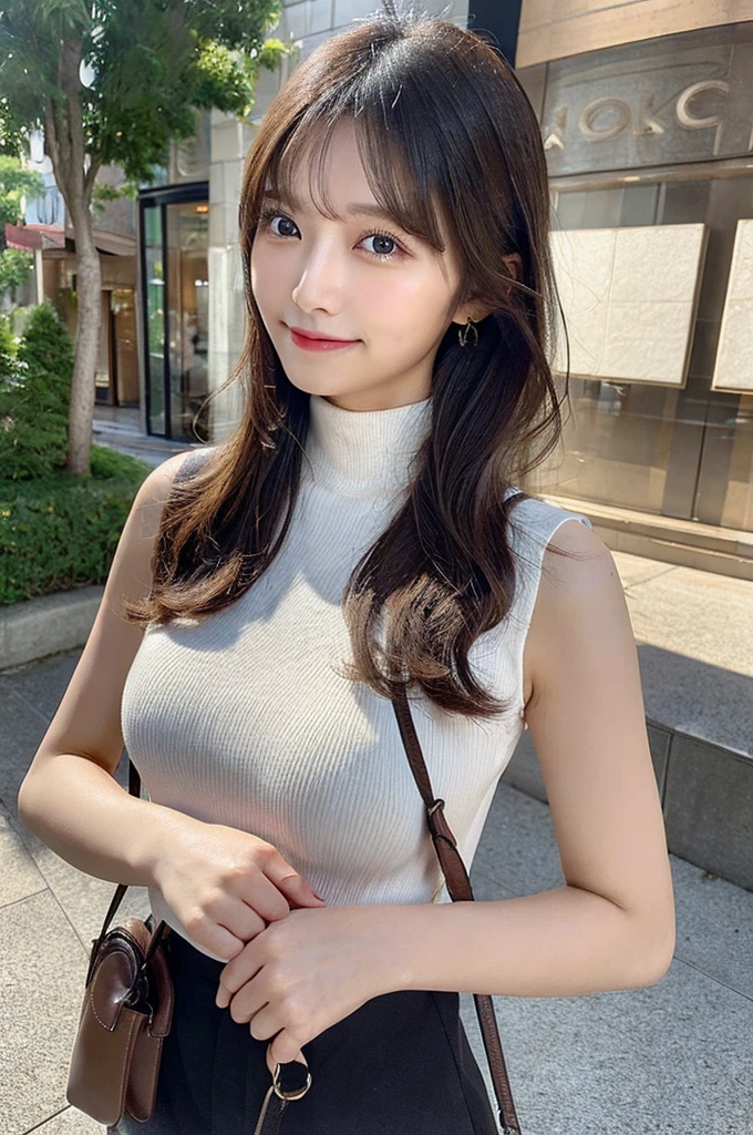 ((paisura))、Big Tits、crossbody, strap between breasts、double eyelid、big 、Highest quality, shape, Very detailed, Fine details, High resolution, 8k, Perfect dynamic composition, Beautiful details, ,Natural color lip, A shy smile,Beautiful 20 year old woman、The only person, Correct posture、Cute type、Looking into the camera、Turtleneck Sleeveless、Paisura、Shoulder bag、Hold the strap of your bag between your chest、One bag