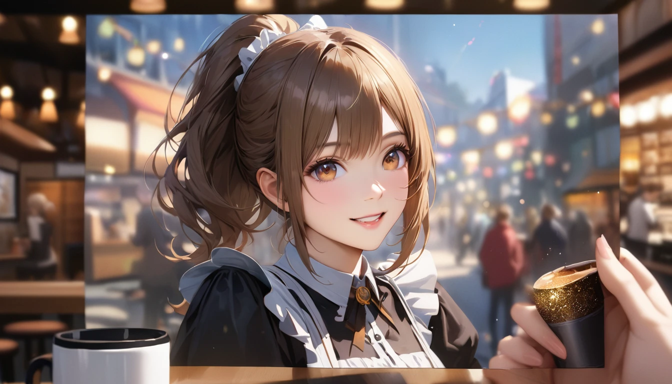 Coffee shop, Maid clothes,Carrying a coffee cup,Blur the background,High school girls,ponytail,smile,Glitter effect,Highest quality, 4K, 8k, High resolution, masterpiece:1.2, Very detailed, Realistic:1.37, High resolution, 超High resolution, Ultra-fine painting, Sharp focus, Physically Based Rendering, Very detailedな説明, Professional, Vibrant colors
