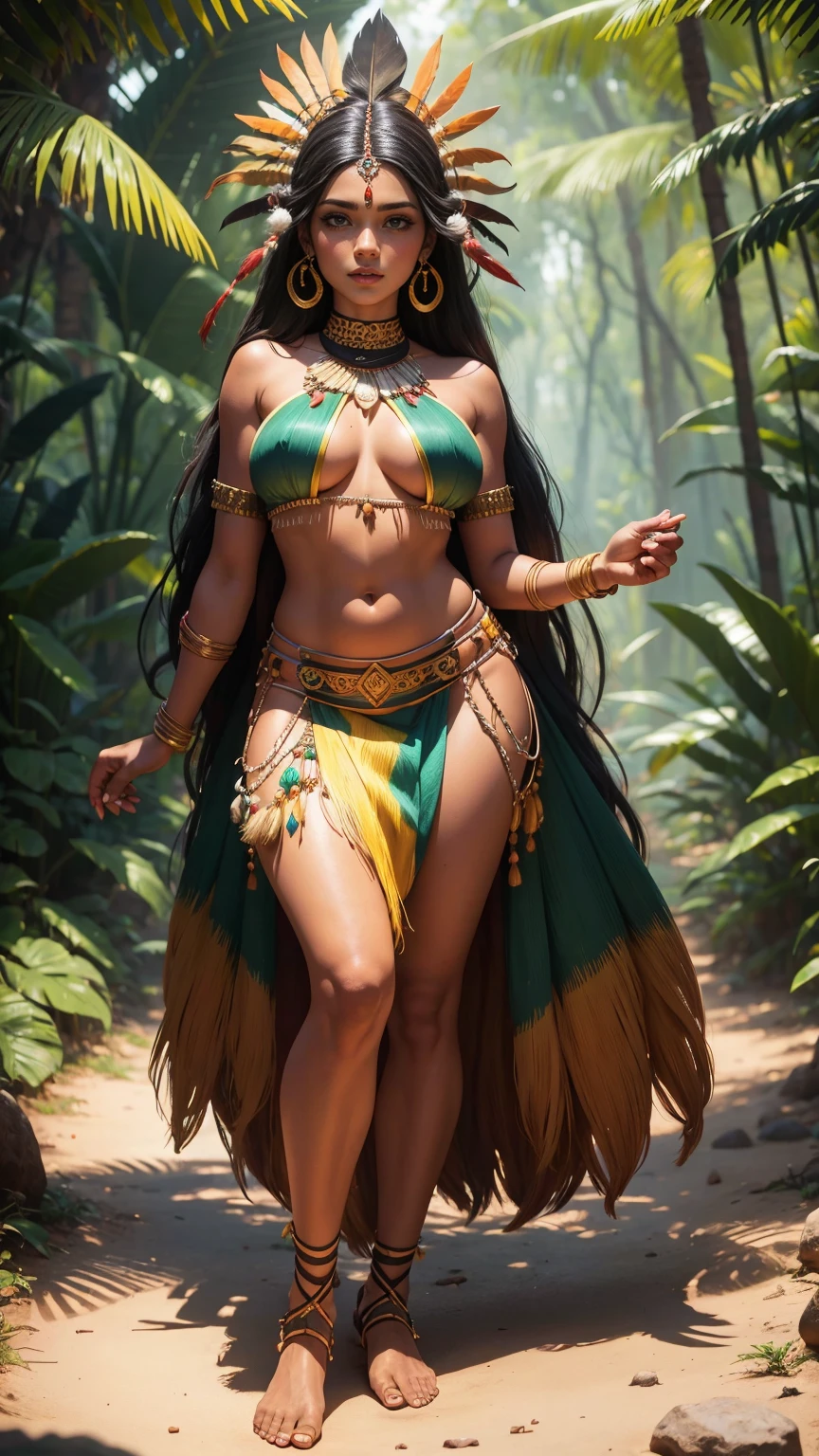(((full body))), ((uma mulher de 28 anos em um traje nativo com penas)), rosto com pinturas nativas brasileiros, ((portrait of a 28 year old Brazilian indigenous woman Indigenous Goddess)), ((estilo maia)), ((Amazonian Indigenous Makeup)), ((Amazonian indigenous hair)), ((Amazonian mythology)), ((cocar de penas)), ((Headpiece com penas pequenas)), ((Create a Dramatic Lighting Image of a Native Brazilian Woman)), ((Warm and wise expression)), ((com dedos extremamente perfeitos)), ((Olhos extremamente perfeitos)), ((perfect hands)), ((mulher de 28 anos)), ((The Face with Indian Paint)), ((((cabelo muito liso preto)))), ((pele morena clara))), Side angles, background floresta amazonica