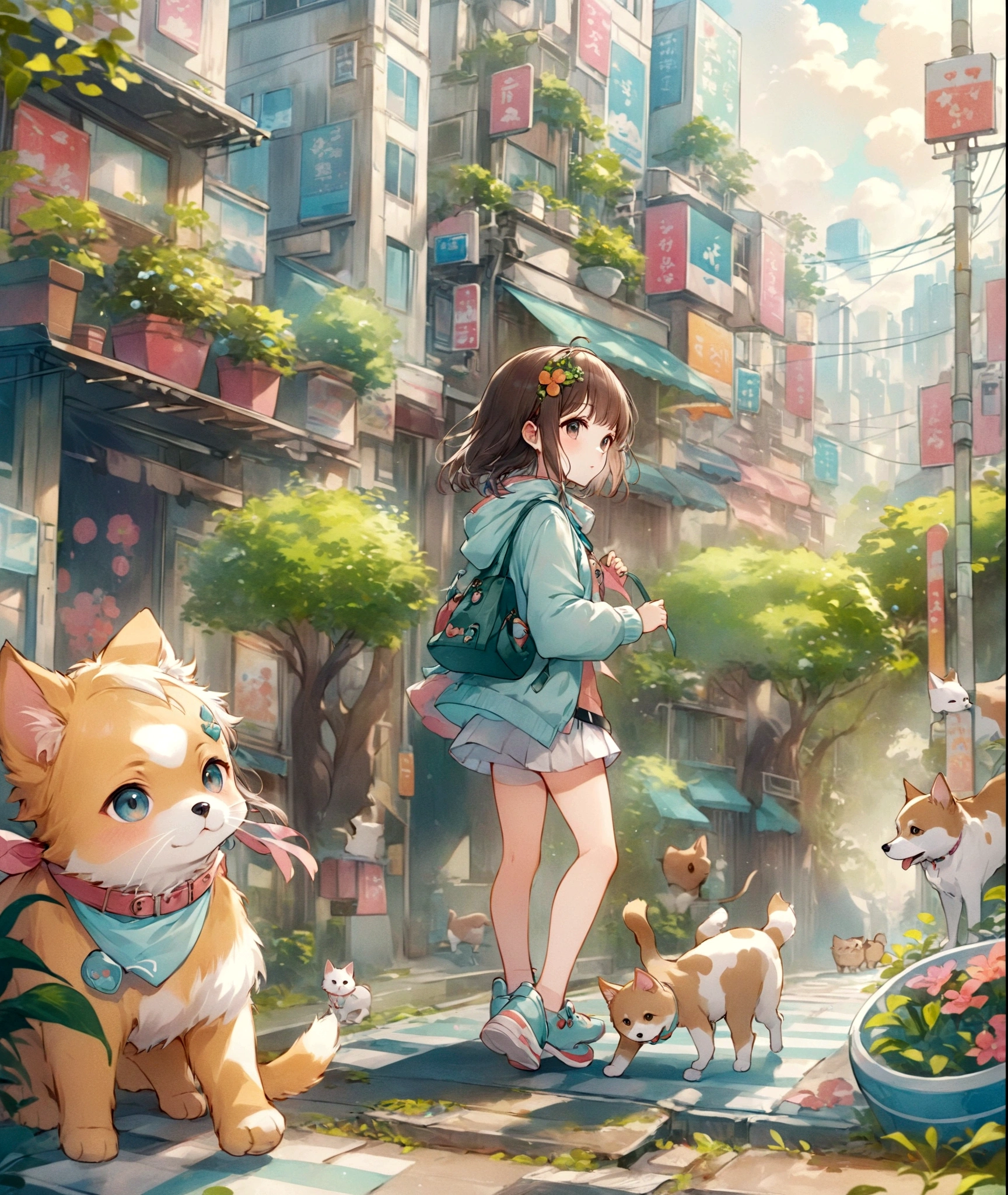 anime girl walking with a cat and a dog on a city street, anime style 4 k, kawacy, anime style illustration, lofi girl, digital anime illustration, lofi artstyle, anime background art, high detailed official artwork, forest city streets behind her, by Yuumei, lofi art, anime art wallpaper 4k, anime art wallpaper 4 k