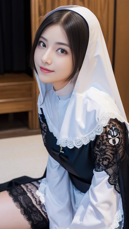 (She sits with her legs apart:2.0),(Orgasm:2.0),(A Ultra cute young Japanese nun:1.75),(she wearing a decorated with lace nun costume slim fit:2.0),(beautiful detailed eyes:2.0),beautiful detailed lips, (extremely detailed cute face:2.0), longeyelashes, (slender woman body:2.0), (beautiful short hair:2.0), (natural makeup,big smile:1.5), incredibly beautiful skin,(professional lighting, bright lighting, photorealistic, 8k, high resolution, best quality, masterpiece, ultra-detailed:1.75), vivid colors, (Moonlit Night:1.5),(The moonlight shines on her face:1.2),(She is in the convent:1.2)
