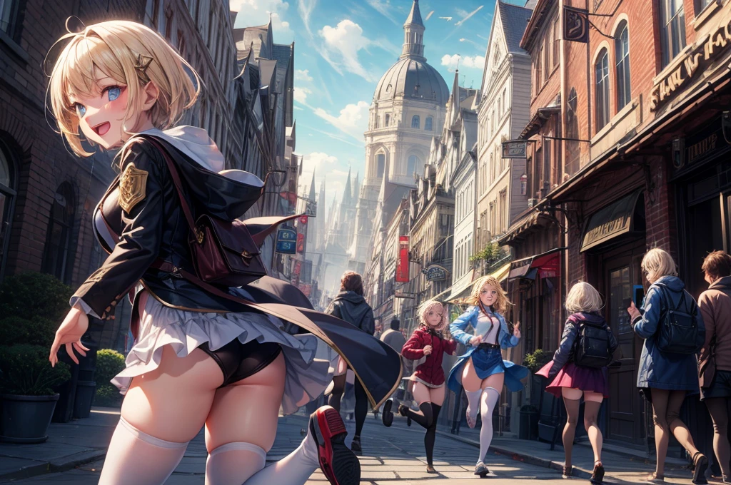 a girl, wizard, laughing, running, looking back, short hair, blonde, blue eyes, pale skin, thighhighs, in the city, at noon, fantasy