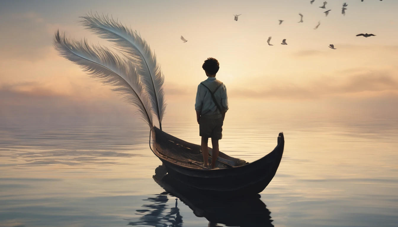 masterpiece, 4k, sharp focus, highest quality,wide shot. Imagine a book cover that conveys a sense of nostalgia and storytelling. The title of the book is " Penamemoria". Is a book about the creative, unique journey of a boy into becoming a musician storyteller. In his journey he finds a magical feather and a dreamy bird. Minimalistic, modern, dreamy logotype at the bottom of the book cover