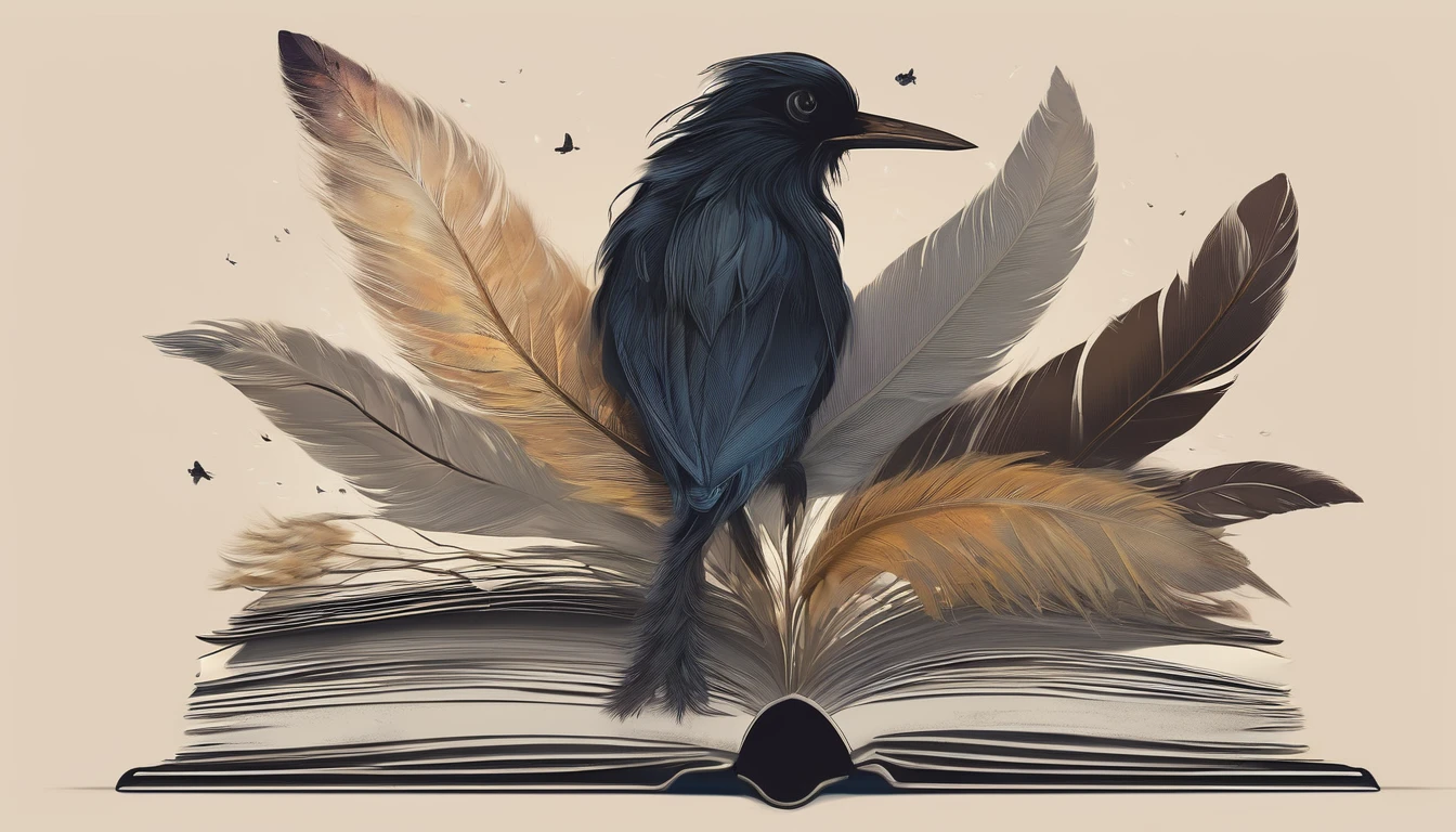 masterpiece, 4k, sharp focus, highest quality,wide shot. Imagine a book cover that conveys a sense of nostalgia and storytelling. The title of the book is " Penamemoria". Is a book about the creative, unique journey of a boy into becoming a musician storyteller. In his journey he finds a magical feather and a dreamy bird. Minimalistic, modern, dreamy logotype at the bottom of the book cover