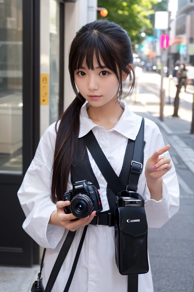 Create an Instagram account to showcase the latest gadgets。 A Japanese girl holds a Canon SLR camera。Highest quality。Gloss。