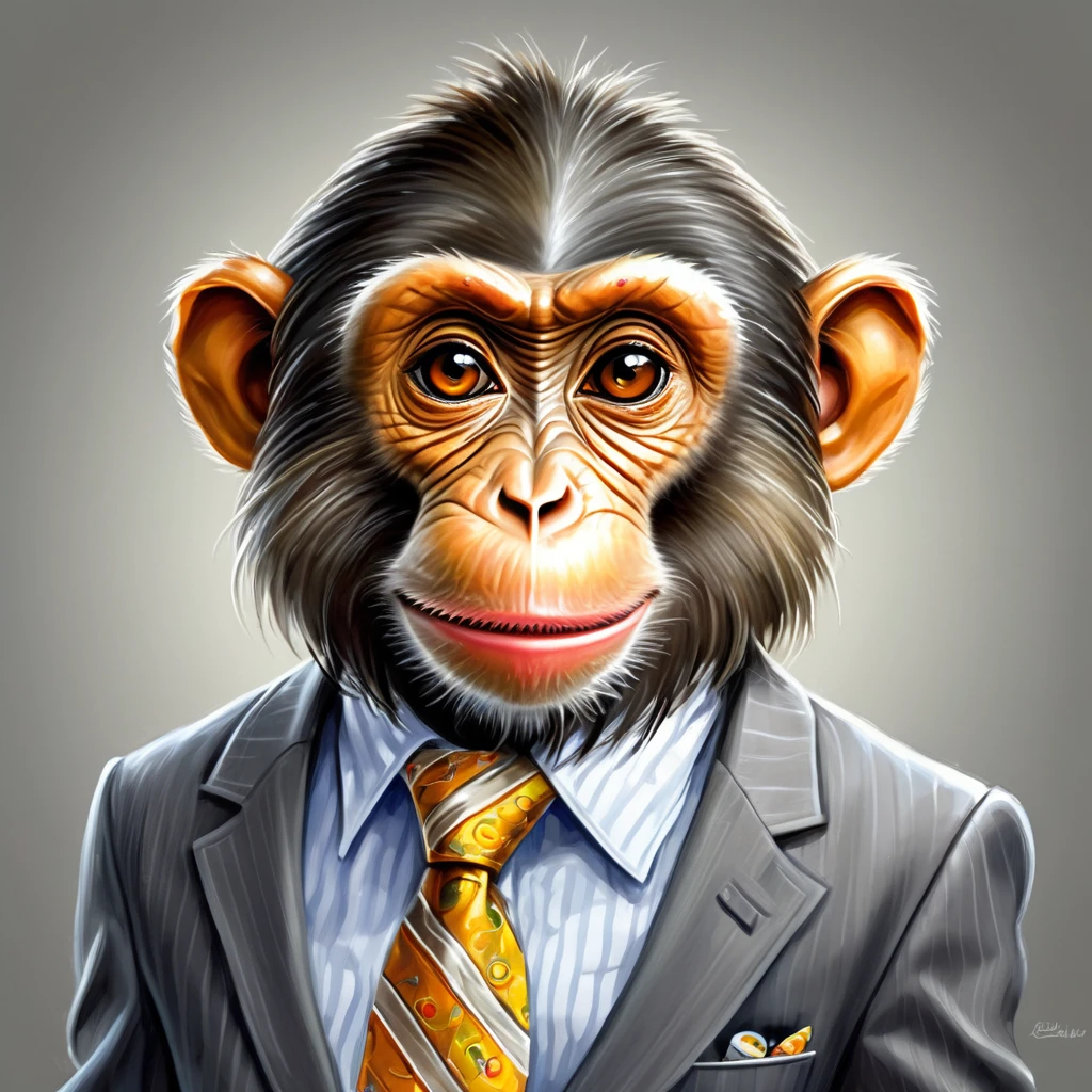 cartoon of a monkey in a shirt and tie with a tie on, monkey, face like monkey, subject= chimp, baboon wearing a suit and tie, monkey dressed as a scientist, caricature style, caricature illustration, caricature, humanoid monkey fantasy race, cartoon portrait, animal caricaturist, “portrait of a cartoon animal, cartoon digital painting