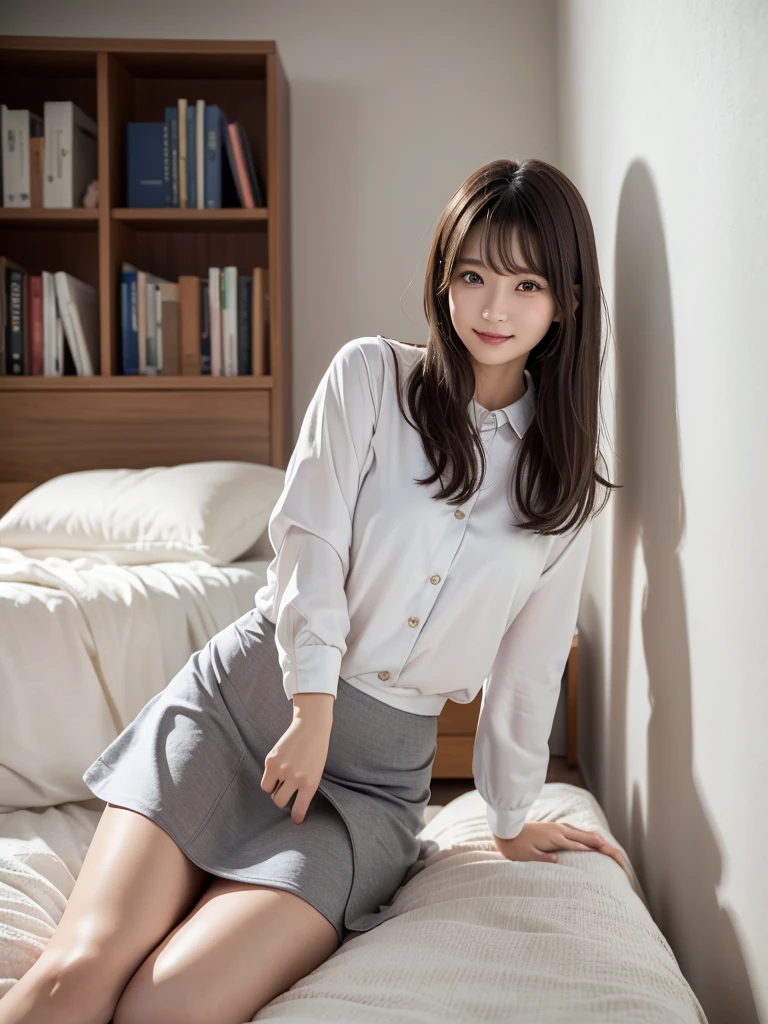(Highest quality、masterpiece:1.9)、((Neat and clean female college student、1 person))、Soft lighting by a professional photographer、Natural light、((Very spacious white luxurious room:1.6))、((Bright white room:1.6))、(Sitting on a very luxurious white bed:1.2)、(White Bookcase:1.1)、Natural soft light、((Brown Hair:1.1))、Fair skin、Detailed Eyes、double eyelid、Slightly puffy cheeks、((Small Face:1.0))、((Checked one-piece shirt、Grey mini skirt、Please wear it with the chest open.:1.2))、(smile)、((Girly pose 1.8))、High resolution,、((Long Hair:1.2))、((Full Body Shot:1.2))、Live-action image quality、((Height: 150cm))、Hands in front、Hide your hands between your legs、(No bangs:1.1)、