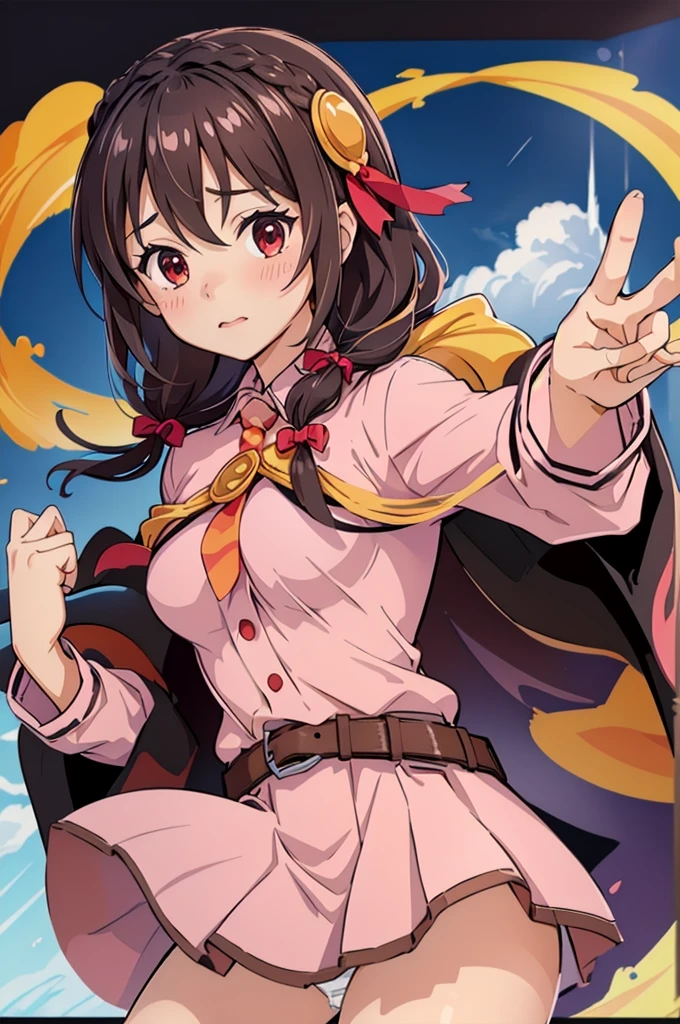 (masterpiece, Highest quality), One girl, Whirling,Long Hair,Braiding,Twin tails,Hair between the eyes,Hair Ribbon,hair ornaments,Large Breasts,(Cape:1.2),tie,shirt,pink shirt,Long sleeve,belt,Pink Skirt,pantyhose,loafers,Brown footwear, Showing panties