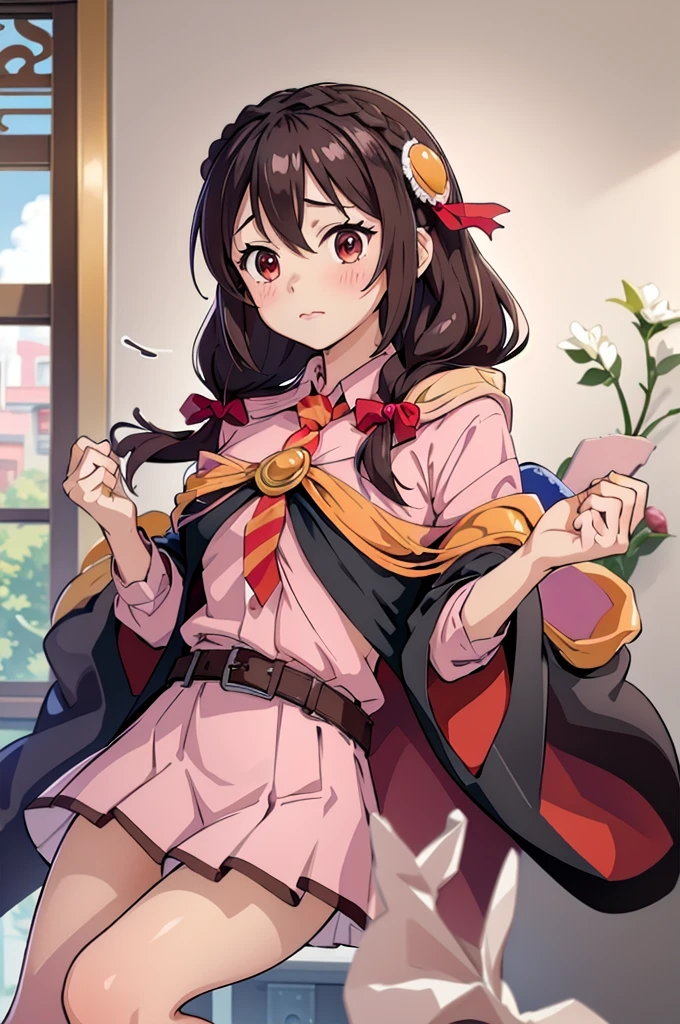 (masterpiece, Highest quality), One girl, Whirling,Long Hair,Braiding,Twin tails,Hair between the eyes,Hair Ribbon,hair ornaments,Large Breasts,(Cape:1.2),tie,shirt,pink shirt,Long sleeve,belt,Pink Skirt,pantyhose,loafers,Brown footwear, Showing panties
