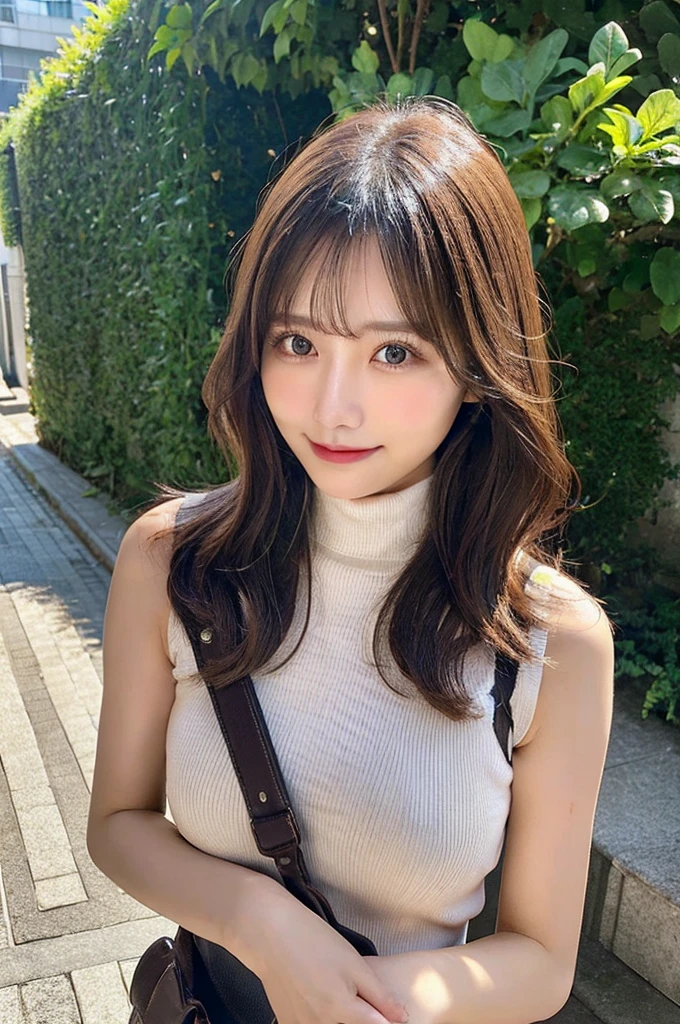 ((paisura))、Big Tits、crossbody, strap between breasts、double eyelid、big 、Highest quality, shape, Very detailed, Fine details, High resolution, 8k, Perfect dynamic composition, Beautiful details, ,Natural color lip, A shy smile,Beautiful 20 year old woman、The only person, Correct posture、Cute type、Looking into the camera、Turtleneck Sleeveless、Paisura、Hold the strap of your bag between your chest、One bag