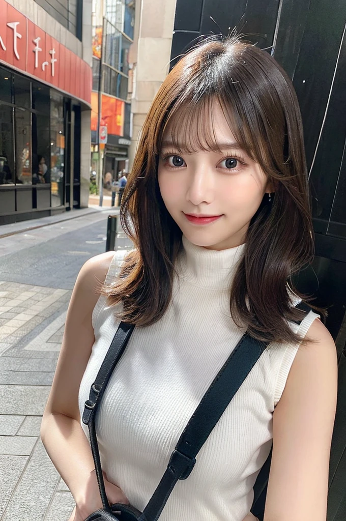 ((paisura))、Big Tits、crossbody, strap between breasts、double eyelid、big 、Highest quality, shape, Very detailed, Fine details, High resolution, 8k, Perfect dynamic composition, Beautiful details, ,Natural color lip, A shy smile,Beautiful 20 year old woman、The only person, Correct posture、Cute type、Looking into the camera、Turtleneck Sleeveless、Paisura、Hold the strap of your bag between your chest、One bag