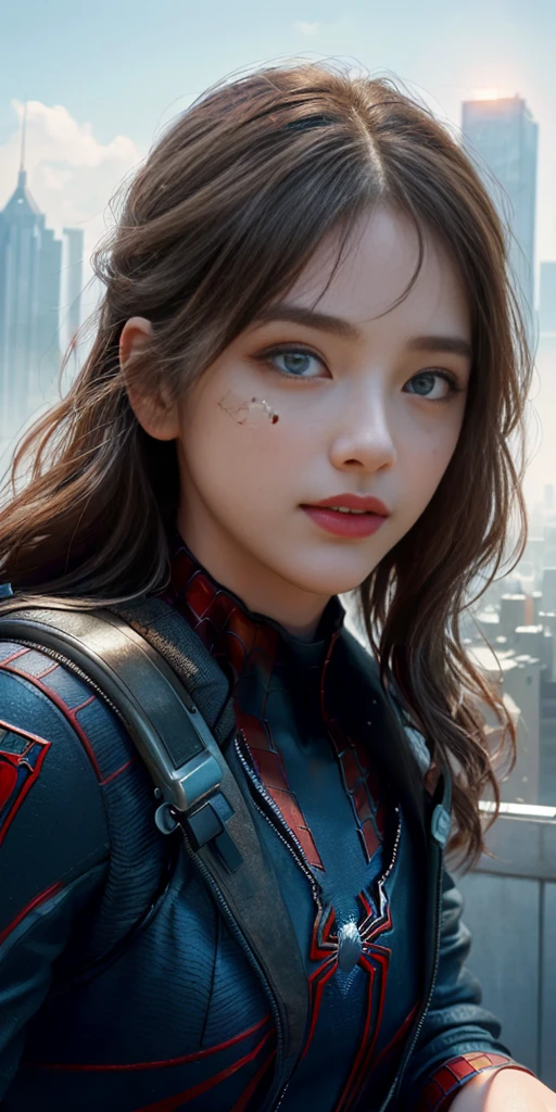(1girl:1.3), Solo, (((Very detailed face)))), ((Very detailed eyes and face)))), Beautiful detail eyes, Body parts__, Official art, Unified 8k wallpaper, Super detailed, beautiful and beautiful, beautiful, masterpiece, best quality, original, masterpiece, super fine photo, best quality, super high resolution, realistic realism, sunlight, full body portrait, amazing beauty, dynamic pose, delicate face, vibrant eyes, (from the front), She wears Spider-Man suit, red and black color scheme, spider, very detailed city roof background, rooftop, overlooking the city, detailed face, detailed complex busy background, messy, gorgeous, milky white, highly detailed skin, realistic skin details, visible pores, clear focus, volumetric fog, 8k uhd, DSLR, high quality, film grain, fair skin, photo realism, lomography, futuristic dystopian megalopolis, translucent