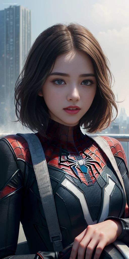 (1girl:1.3), Solo, (((Very detailed face)))), ((Very detailed eyes and face)))), Beautiful detail eyes, Body parts__, Official art, Unified 8k wallpaper, Super detailed, beautiful and beautiful, beautiful, masterpiece, best quality, original, masterpiece, super fine photo, best quality, super high resolution, realistic realism, sunlight, full body portrait, amazing beauty, dynamic pose, delicate face, vibrant eyes, (from the front), She wears Spider-Man suit, red and black color scheme, spider, very detailed city roof background, rooftop, overlooking the city, detailed face, detailed complex busy background, messy, gorgeous, milky white, highly detailed skin, realistic skin details, visible pores, clear focus, volumetric fog, 8k uhd, DSLR, high quality, film grain, fair skin, photo realism, lomography, futuristic dystopian megalopolis, translucent