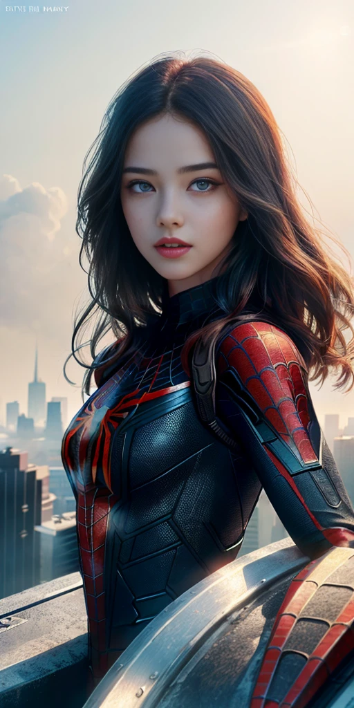 (1girl:1.3), Solo, (((Very detailed face)))), ((Very detailed eyes and face)))), Beautiful detail eyes, Body parts__, Official art, Unified 8k wallpaper, Super detailed, beautiful and beautiful, beautiful, masterpiece, best quality, original, masterpiece, super fine photo, best quality, super high resolution, realistic realism, sunlight, full body portrait, amazing beauty, dynamic pose, delicate face, vibrant eyes, (from the front), She wears Spider-Man suit, red and black color scheme, spider, very detailed city roof background, rooftop, overlooking the city, detailed face, detailed complex busy background, messy, gorgeous, milky white, highly detailed skin, realistic skin details, visible pores, clear focus, volumetric fog, 8k uhd, DSLR, high quality, film grain, fair skin, photo realism, lomography, futuristic dystopian megalopolis, translucent