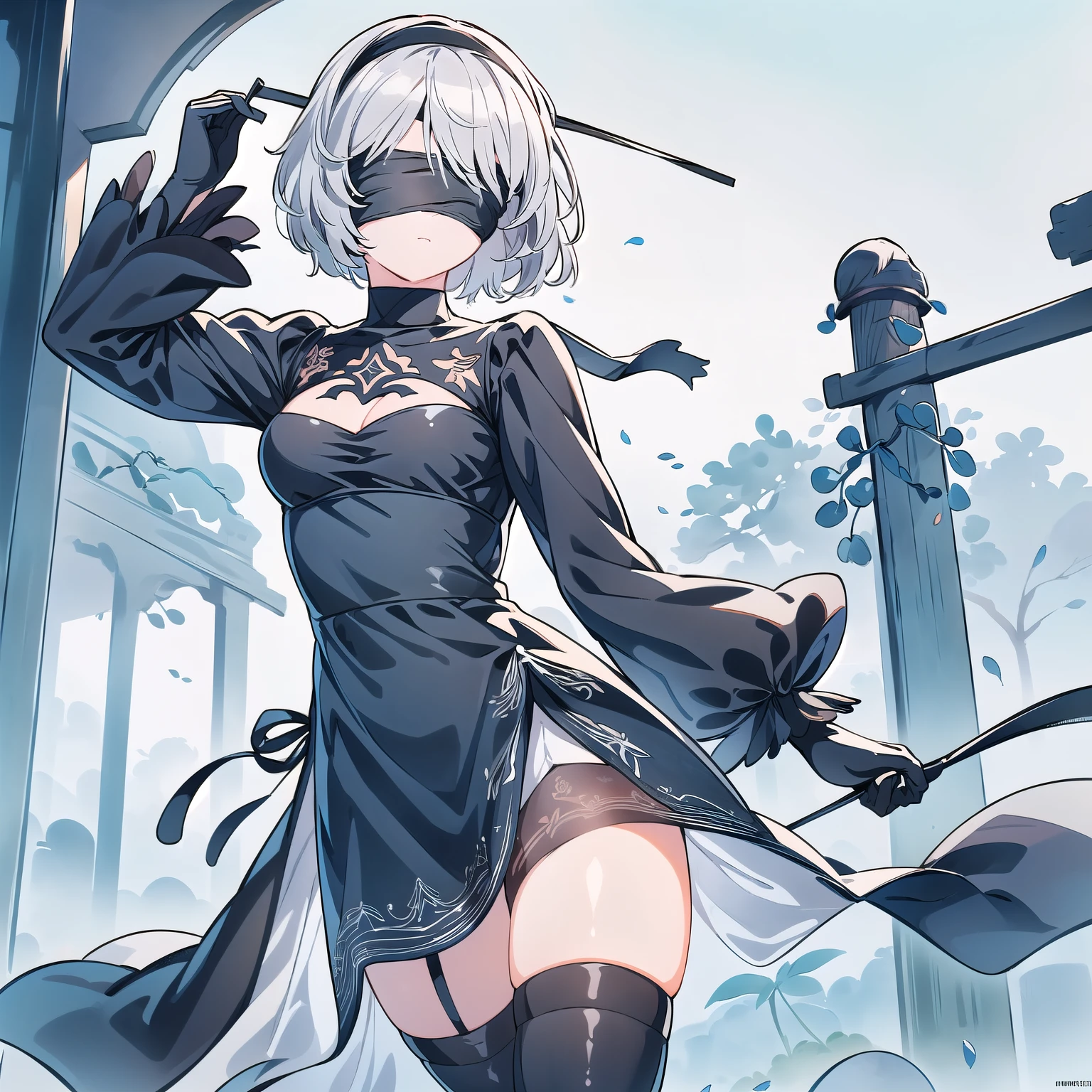 2b, 2b, (black Blindfolded:1.5), black Headband, Blindfolded, Headband, short hair, White hair, (Blindfold:1.7),
rest black skirt, black High Leg Raise, boots, Cleavage incision, Garment cutting, Headband, High heel, Long sleeve, , Side slits, skirt, thigh boots, High Leg Raise,
rest looking at viewer, whole body,
rest outdoors,
rest (masterpiece:1.2), best quality, high resolution, Unity 8K wallpaper, (illustration:0.8), (Beautiful and delicate eyes:1.6), Extremely detailed face, Perfect lighting, Extremely detailed CG, (Perfect hands, Perfect anatomical structure),