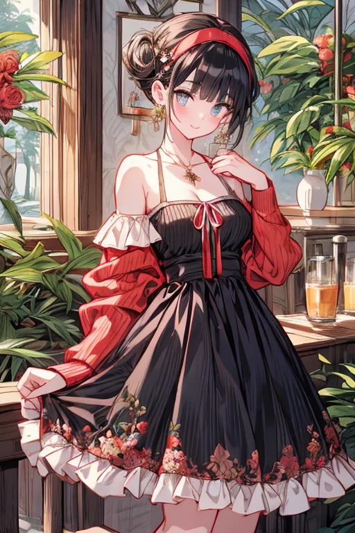 (((Masterpiece))),(((Super Detail))),(((in 8K))),(((best composition))),(((Rim lighting,Fireglow effect,deep shadow))),solo),Beautiful fingers,Detailed finger features,(Detailed hair features:1.7),(Dynamic and sexy bending pose:1.3),detailed facial features,detailed clothes features, (perky chest:1.1), (pointed chest:1.3), delicate beautiful face, Bright blue eyes, cute eyes, sparkling eyes, Big eyes, beautiful detailed eyes,double bun with glittering hair ornament:0.6,(super detailed glossy skin:1.3),slender body,goddess smile,((with sparkling eyes and a contagious smile)),beautiful posture,have a cup of coffee,black hair, red eyes, dress, bare shoulders, jewelry, collarbone, sidelocks, hairband, earrings, indoors, off shoulder, sweater, arms behind back, plant, short hair with long locks, white hairband, off-shoulder dress, sweater dress, off-shoulder sweater, red sweater, big side hair, very long side hair,(super delicate floral pattern:1.2),seductive cleavage:1.3,beautiful glossy legs,shiny red high heels,lifting dishes with cakesd,french restaurant,hustle and bustle,rising steam,(((depth of fields)))
