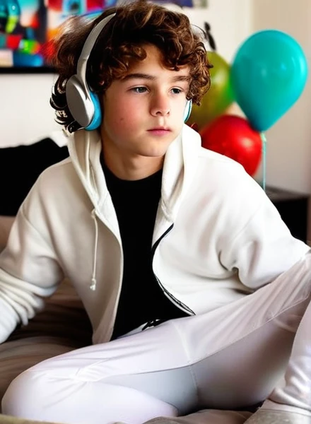 In honor of my son’s birthday. This look like my kid , like so much
Prompt: 18 year old Caucasian boy with brown eyes, brown curly long hair wearing long white hoodie, black athletic pants. he is in his bedroom playing Xbox and wearing a headset. he has a birthday balloon and gifts nearby