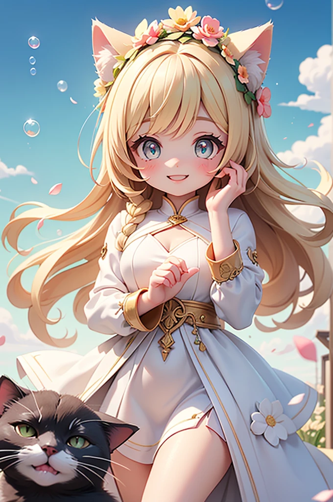 (Highest quality))、((masterpiece))、(detailed)、((soro girl)),masterpiece,best quality, high quality,ulutra detailed,Perfect Face、Daytime、Flower field background、((A voluminous flower crown))、Place both hands on head、((tall、woman、20th Generation、Cat ear、Sparkling Eyes、Blonde long hair)、、((high slit dress))、looking at viewer、good weather、smile、Many soap bubbles float、The wind is blowing、Petals fluttering、