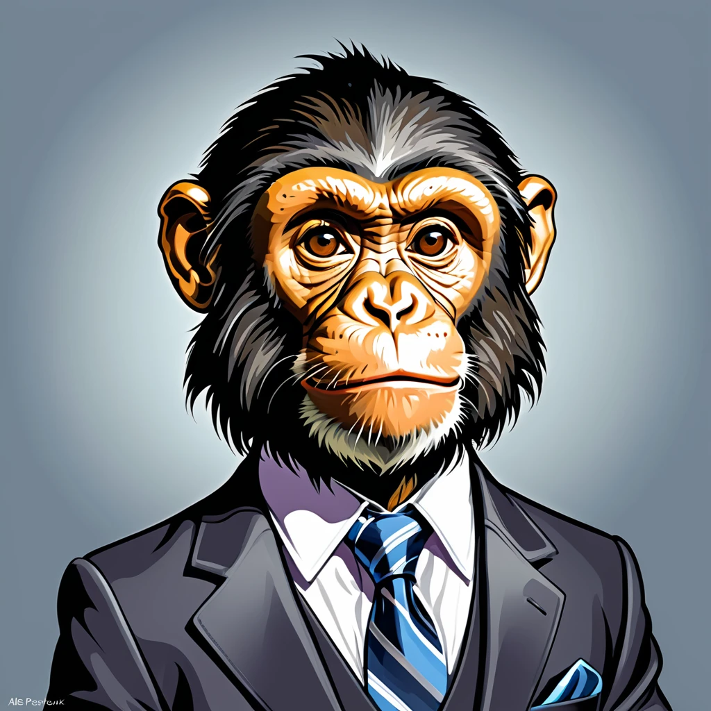 cartoon of a monkey in a shirt and tie with a tie on, vector art by Alex Petruk APe, flickr, digital art, monkey, face like monkey, subject= chimp, baboon wearing a suit and tie, monkey dressed as a scientist, caricature style, caricature illustration, caricature, humanoid monkey fantasy race, cartoon portrait, animal caricaturist