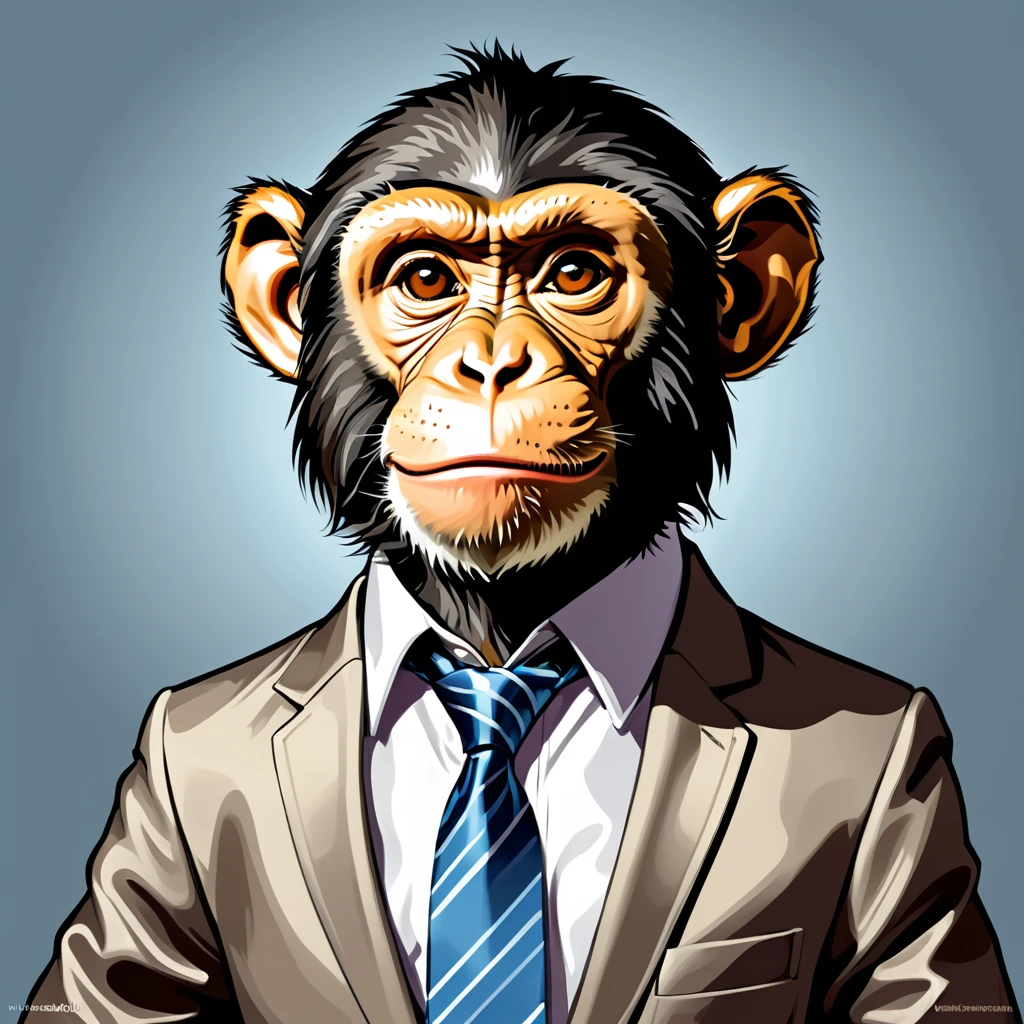 cartoon of a monkey in a shirt and tie with a tie on, vector art by Alex Petruk APe, flickr, digital art, monkey, face like monkey, subject= chimp, baboon wearing a suit and tie, monkey dressed as a scientist, caricature style, caricature illustration, caricature, humanoid monkey fantasy race, cartoon portrait, animal caricaturist