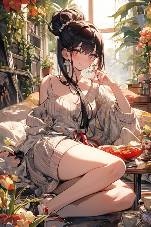 (((Masterpiece))),(((Super Detail))),(((in 8K))),(((best composition))),(((Rim lighting,Fireglow effect,deep shadow))),solo),Beautiful fingers,Detailed finger features,(Detailed hair features:1.7),(Dynamic and sexy bending pose:1.3),detailed facial features,detailed clothes features, (perky chest:1.1), (pointed chest:1.3), delicate beautiful face, Bright blue eyes, cute eyes, sparkling eyes, Big eyes, beautiful detailed eyes,double bun with glittering hair ornament:0.6,(super detailed glossy skin:1.3),slender body,goddess smile,((with sparkling eyes and a contagious smile)),beautiful posture,have a cup of coffee,black hair, red eyes, dress, bare shoulders, jewelry, collarbone, sidelocks, hairband, earrings, indoors, off shoulder, sweater, arms behind back, plant, short hair with long locks, white hairband, off-shoulder dress, sweater dress, off-shoulder sweater, red sweater, big side hair, very long side hair,(super delicate floral pattern:1.2),seductive cleavage:1.3,beautiful glossy legs,shiny red high heels,lifting dishes with cakesd,french restaurant,hustle and bustle,rising steam,(((depth of fields)))