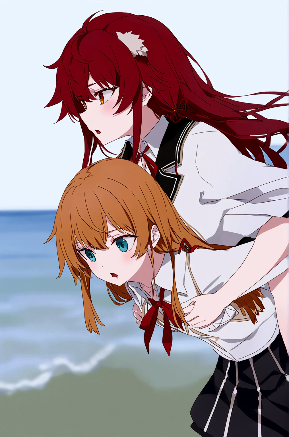 2 grils yukino Yukinoshita giving Yuigahama Yui piggyback ride, Yukinoshita Yukino takes a piggyback ride, size difference, yukino Yukinoshita, skyward sword,