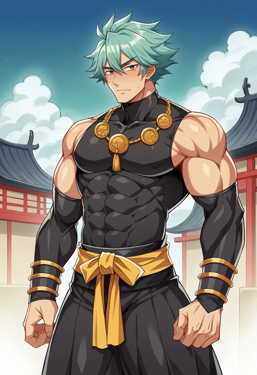 Por favor, create a detailed image of a Japanese samurai man. He is handsome and exhibits unique features: orelhas de raposa branca e uma cauda de raposa branca. your hair is short, branco e no estilo emo, contrastando com sua pele clara e olhos azuis penetrantes. He is dressed in a black ninja outfit, ajustada ao seu corpo, Standing out on the scene. The image must be set in a traditional Japanese castle, with authentic architecture and typical elements such as curved roofs, portas de papel shoji e jardins de pedra. The atmosphere must convey the serenity and grandeur of the place, with attention to details that highlight Japanese culture. The samurai man must be positioned in a way that highlights his figure and characteristics, perhaps in a posture of guard or contemplation, integrando-se harmoniosamente ao ambiente ao seu redor.