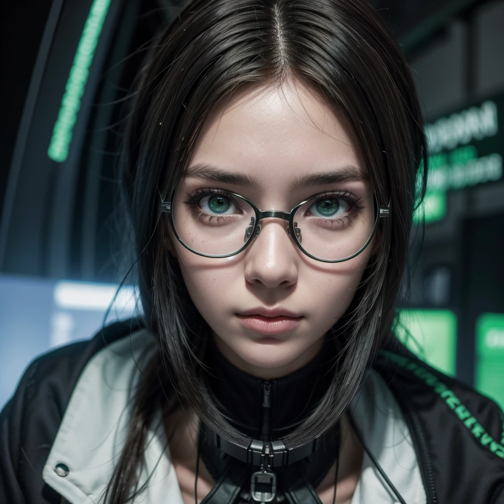 Imagem de jovem feminina, loira olhos verdes, With glasses, cyberpunk, cybersecurit, em frente ao computador