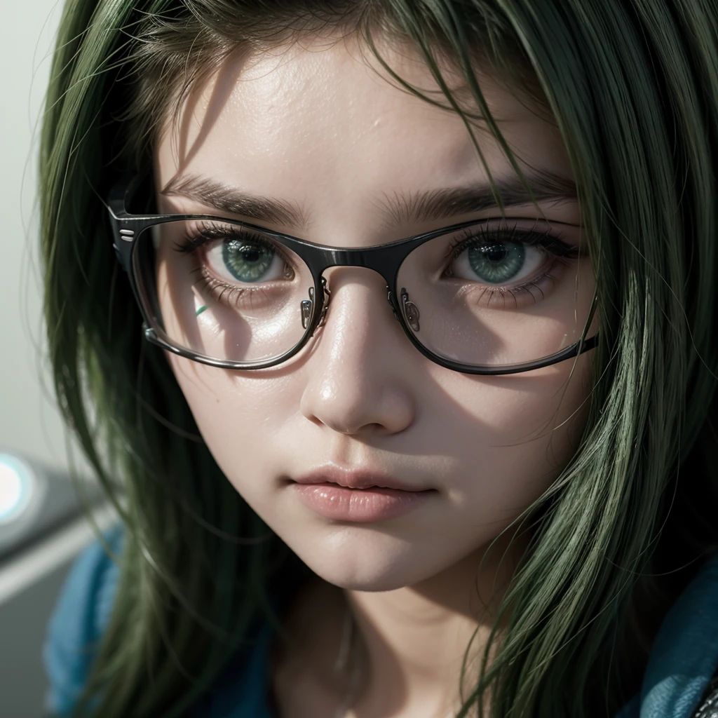 Imagem de jovem feminina, loira olhos verdes, With glasses, cyberpunk, cybersecurit, em frente ao computador